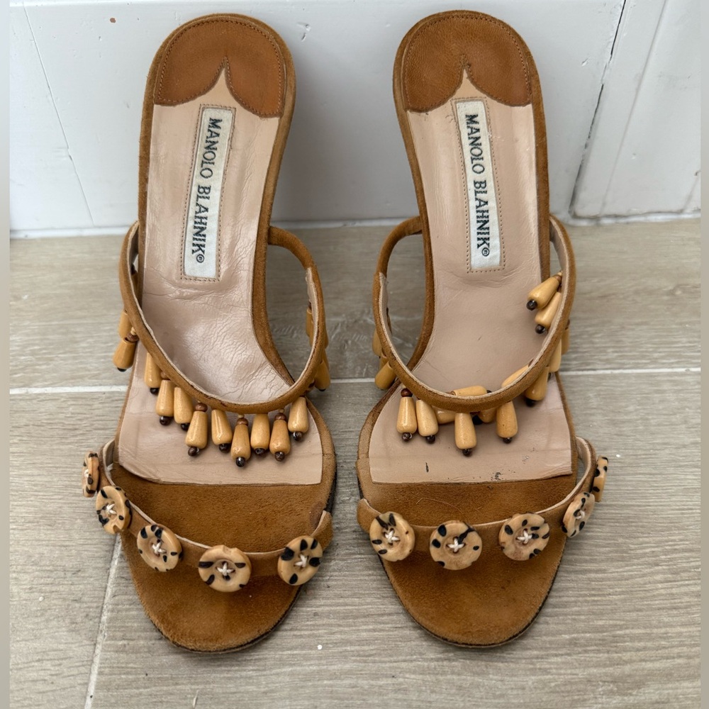 Manolo Blahnik Tan Beaded Sandals